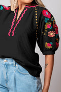 Floral Embroidered Notched Puff Sleeve Blouse - Velora Luxury Fashion