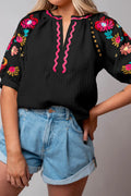 Floral Embroidered Notched Puff Sleeve Blouse - Velora Luxury Fashion