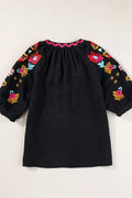 Floral Embroidered Notched Puff Sleeve Blouse - Velora Luxury Fashion