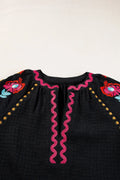 Floral Embroidered Notched Puff Sleeve Blouse - Velora Luxury Fashion