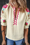 Floral Embroidered Notched Puff Sleeve Blouse - Velora Luxury Fashion