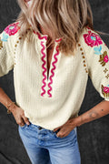 Floral Embroidered Notched Puff Sleeve Blouse - Velora Luxury Fashion