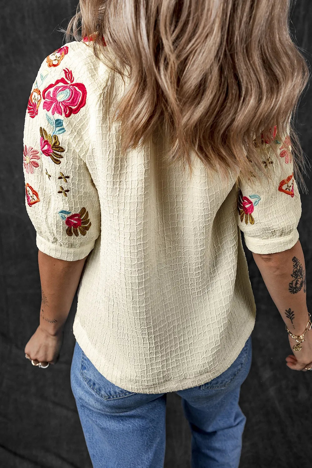 Floral Embroidered Notched Puff Sleeve Blouse - Velora Luxury Fashion