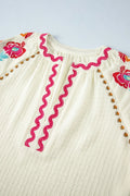 Floral Embroidered Notched Puff Sleeve Blouse - Velora Luxury Fashion