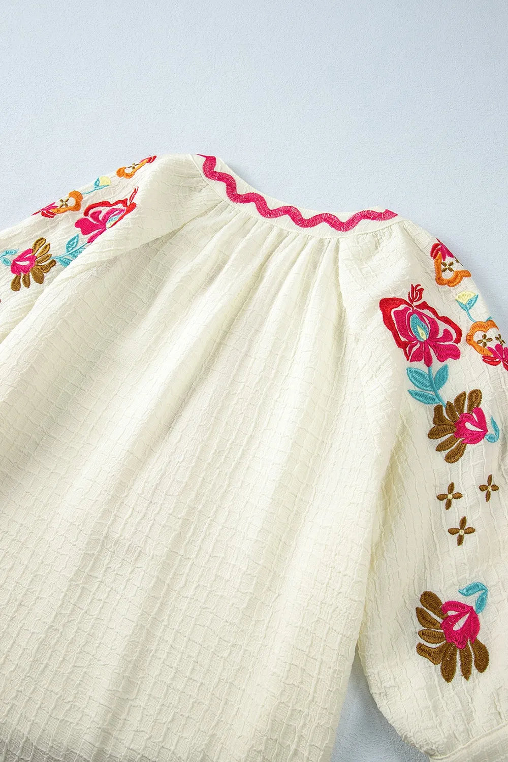 Floral Embroidered Notched Puff Sleeve Blouse - Velora Luxury Fashion