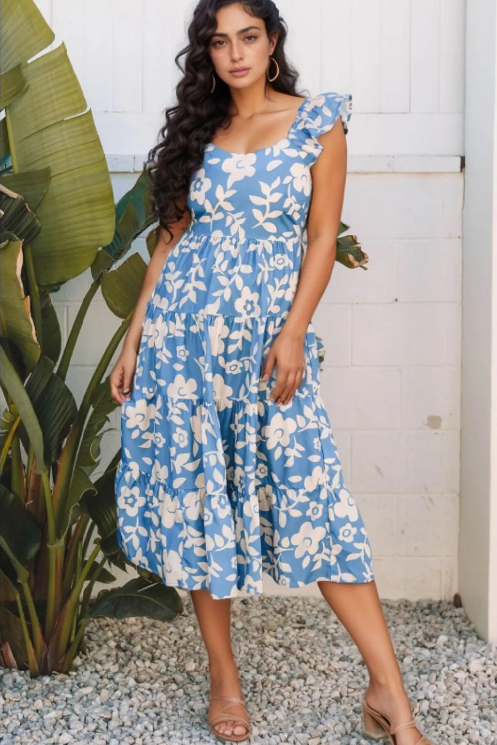 Floral Flutter Shoulder Tiered Flowy Midi Dress - Velora Luxury Fashion