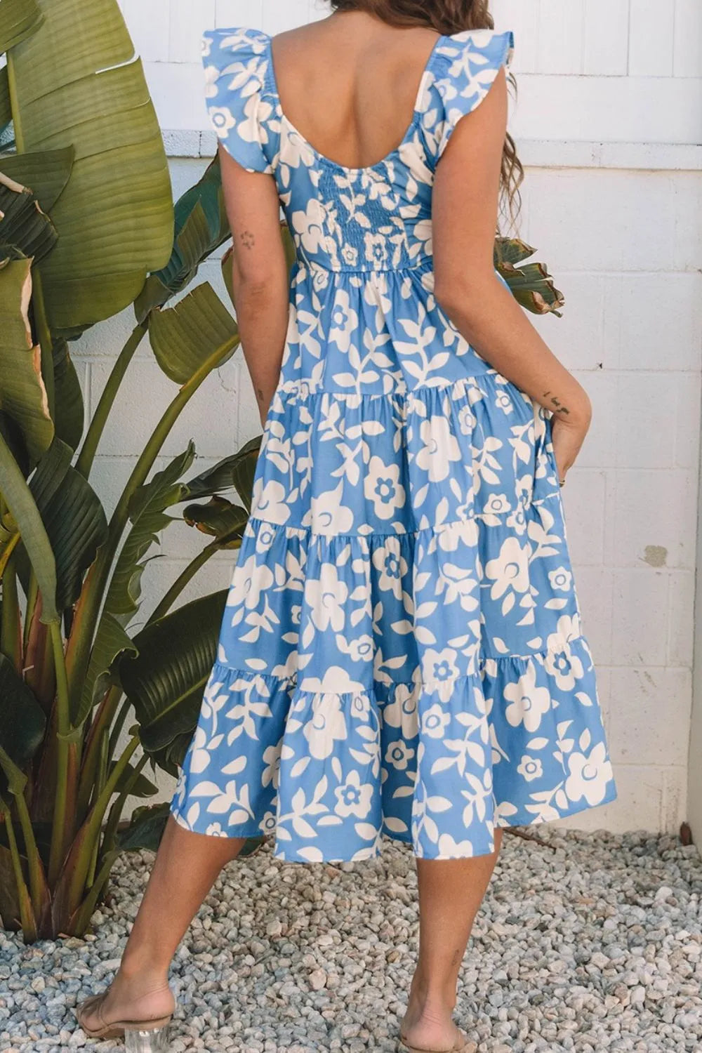 Floral Flutter Shoulder Tiered Flowy Midi Dress - Velora Luxury Fashion