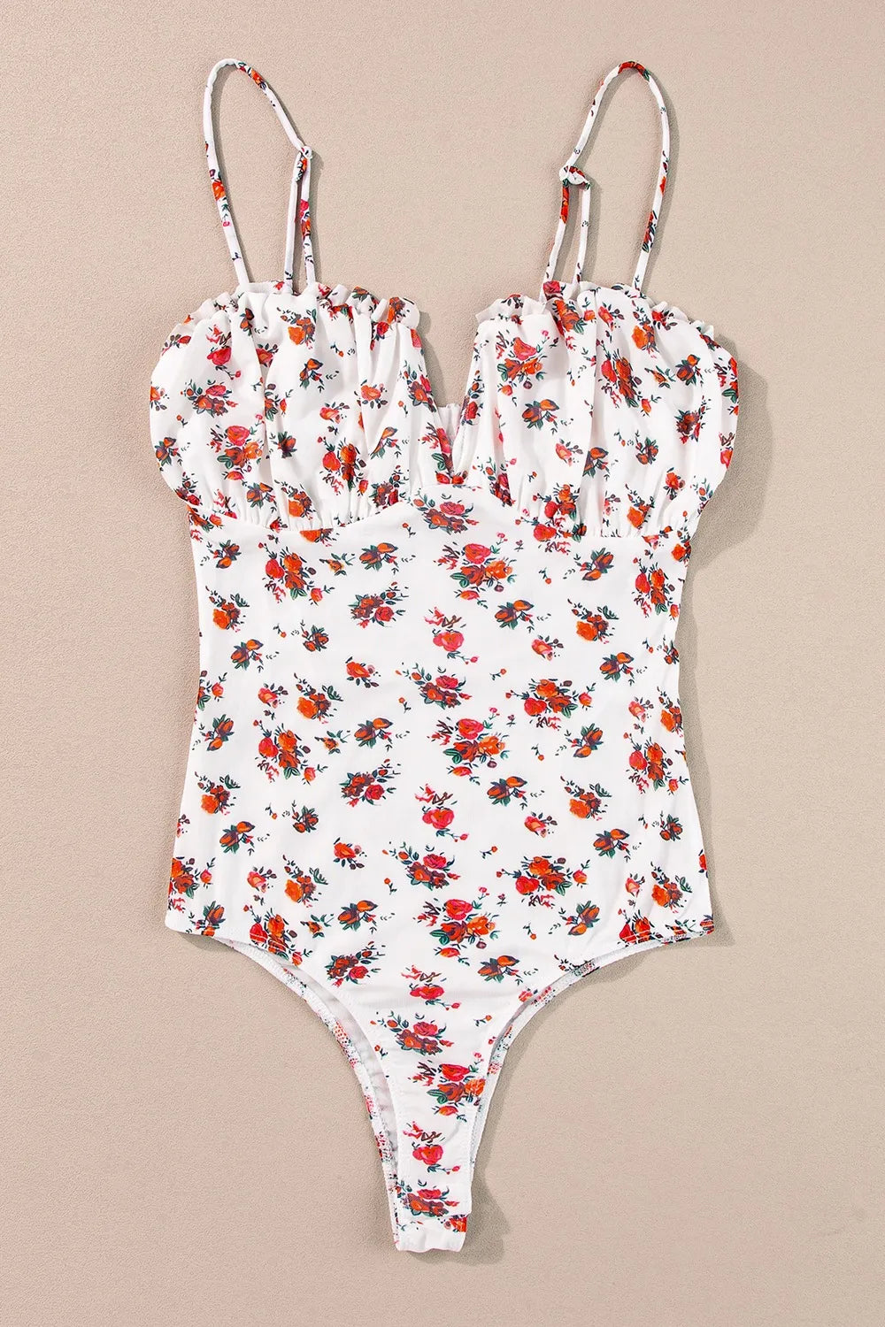 Floral Frilled Trim Spaghetti Straps Bodysuit - Velora Luxury Fashion