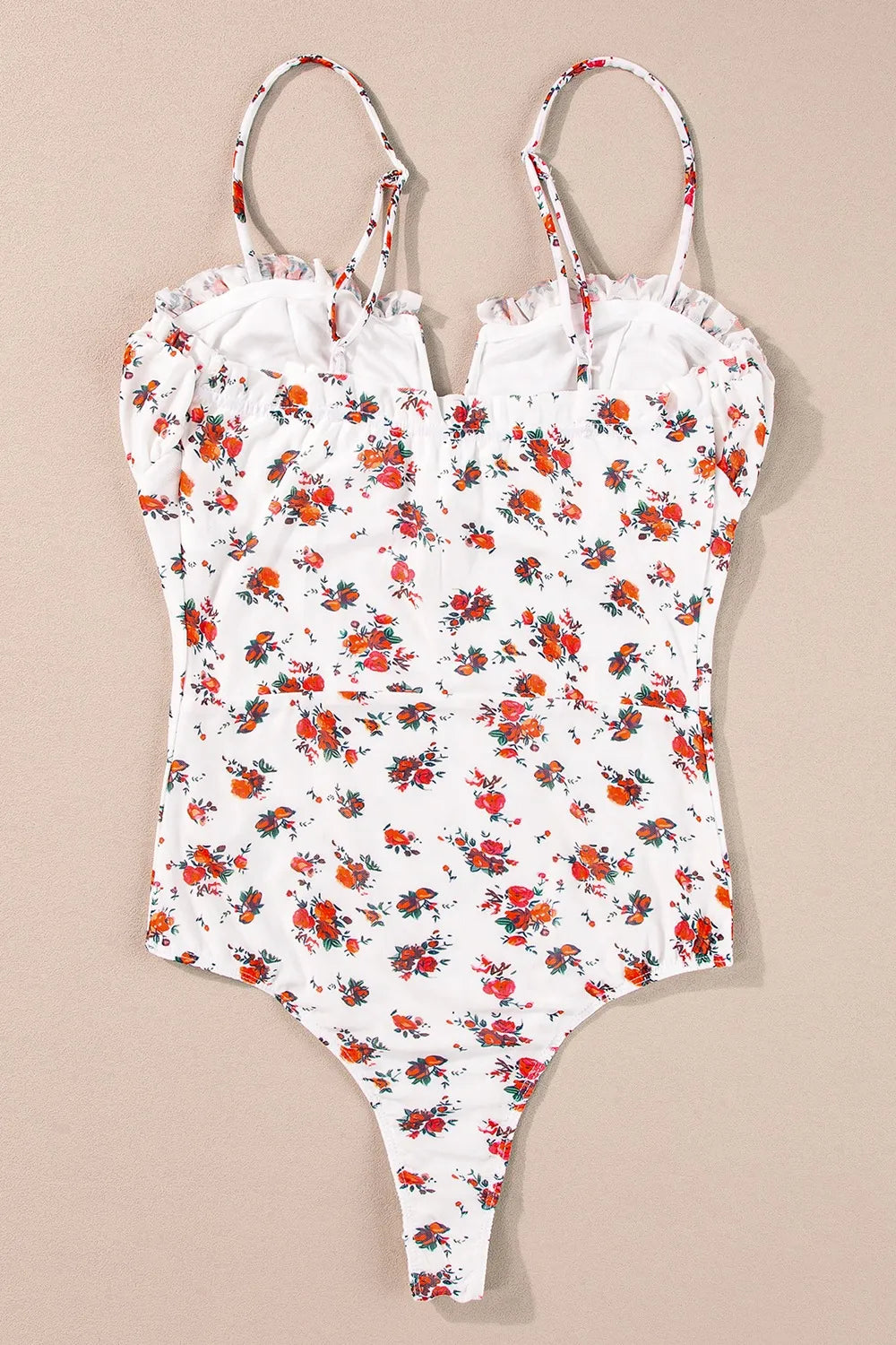 Floral Frilled Trim Spaghetti Straps Bodysuit - Velora Luxury Fashion
