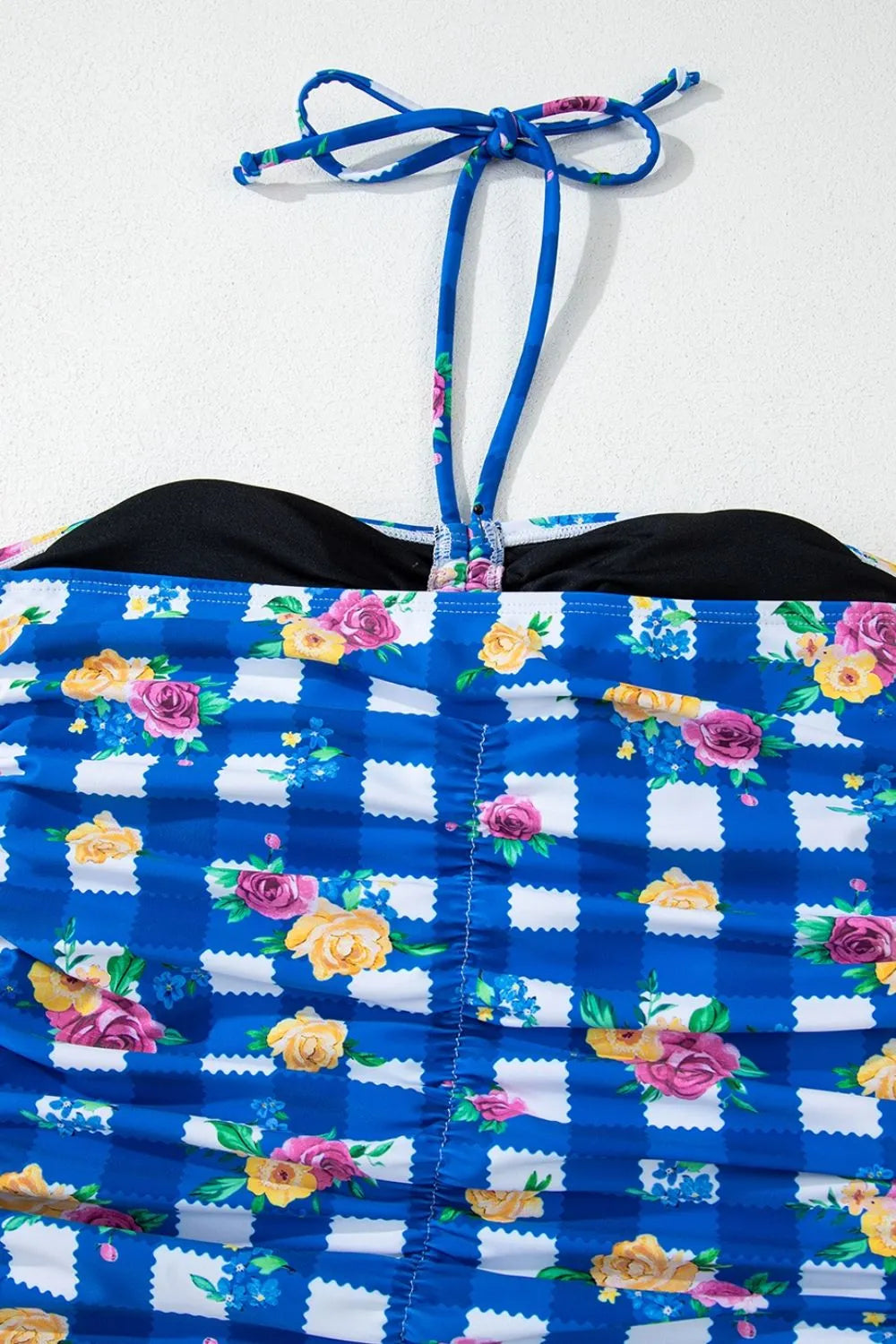 Floral Gingham Halter Neck Drawstring One Piece Swimwear - Velora Luxury Fashion