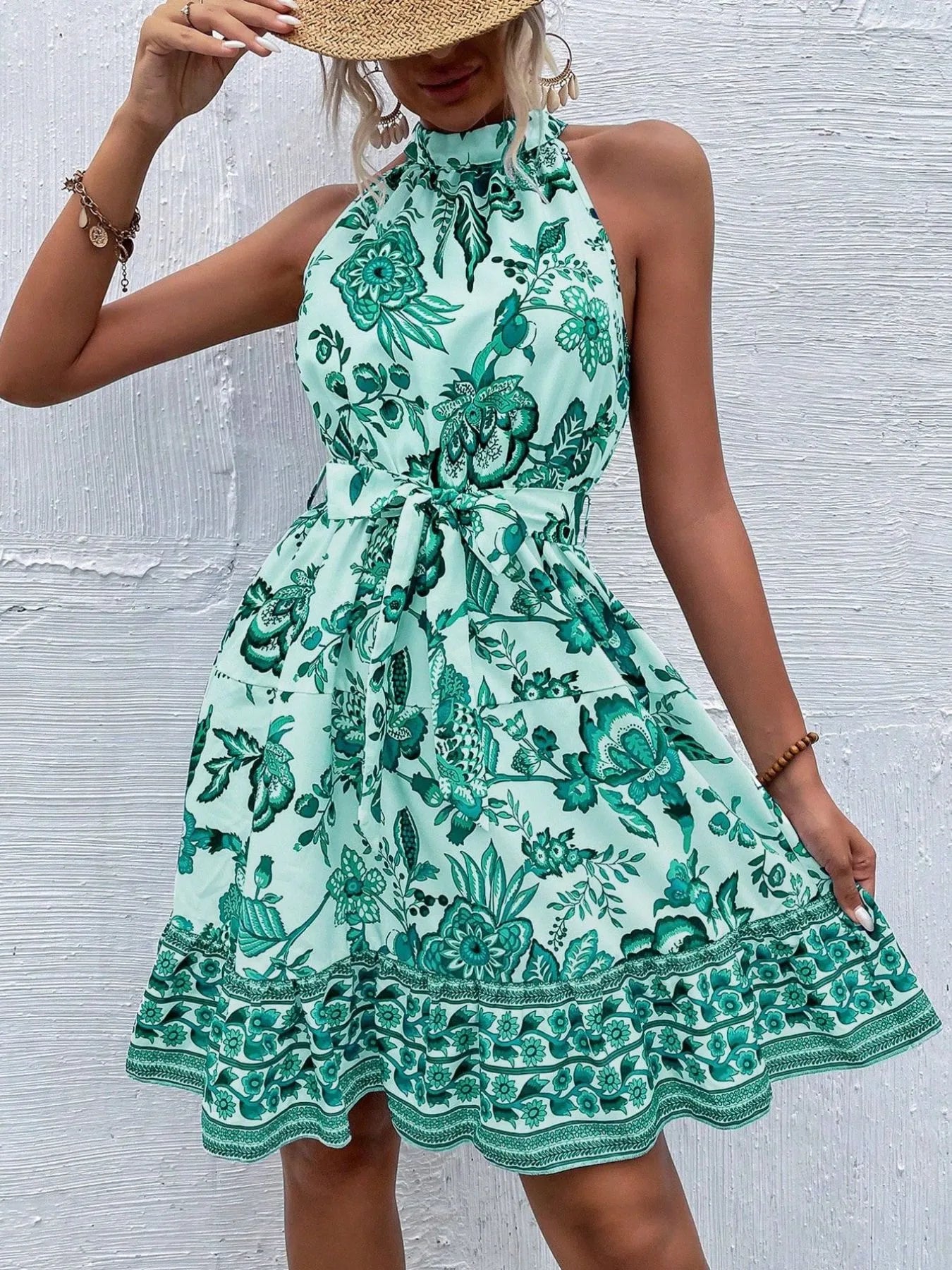 Floral Halter Neck Summer Dress with Belt - Velora Luxury Fashion