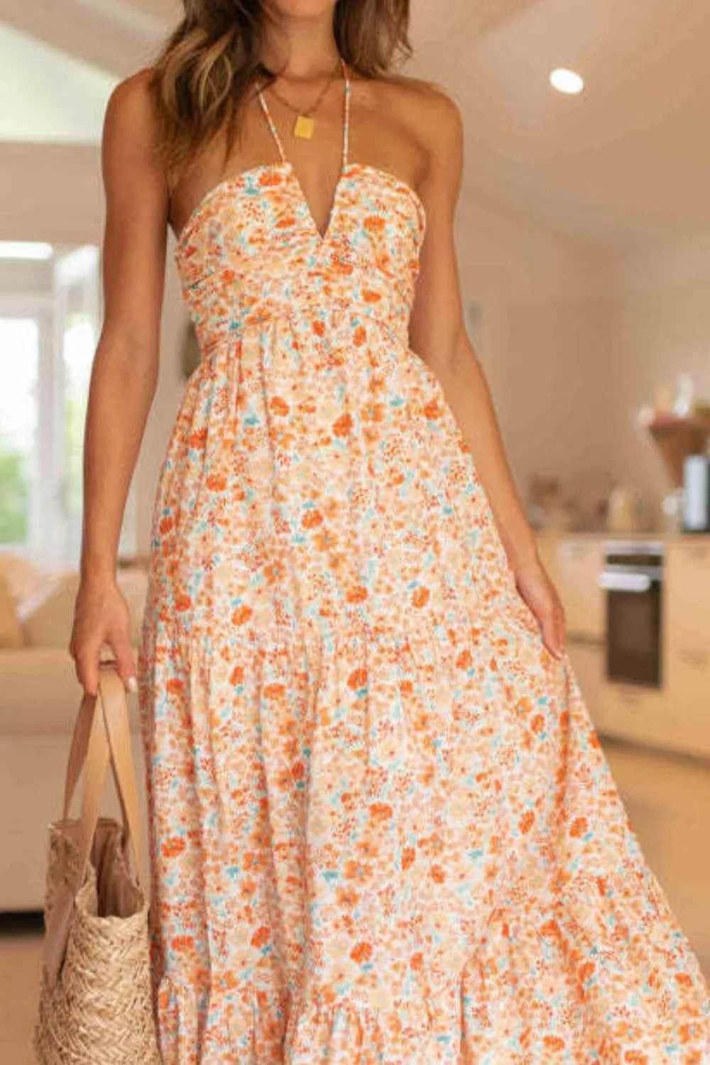 Floral Halter Neck Tiered Maxi Dress - Velora Luxury Fashion