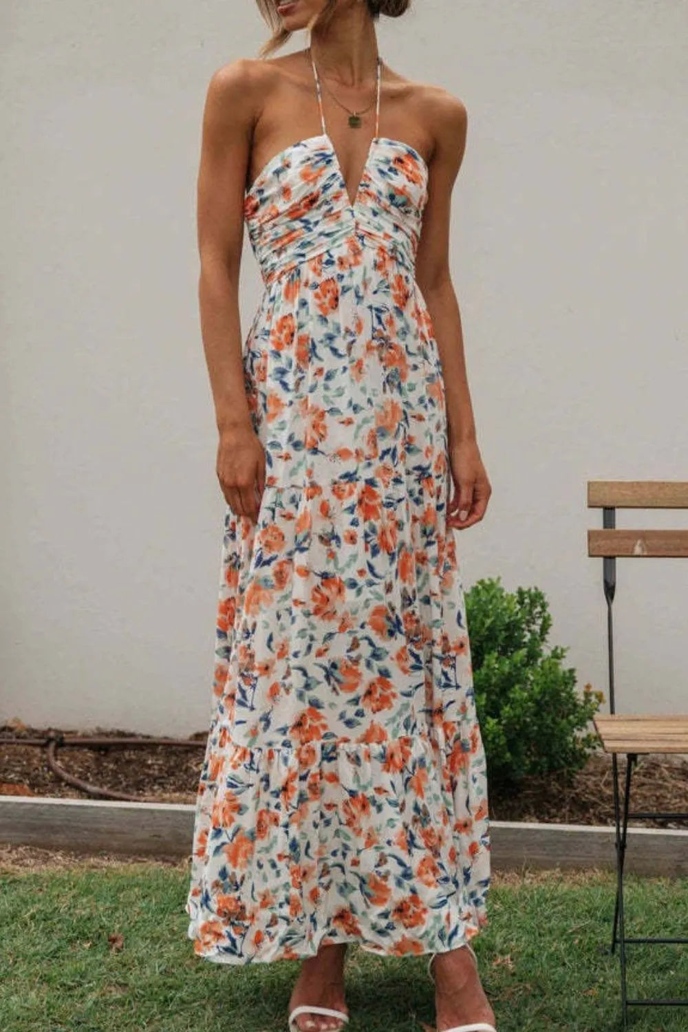 Floral Halter Neck Tiered Maxi Dress - Velora Luxury Fashion