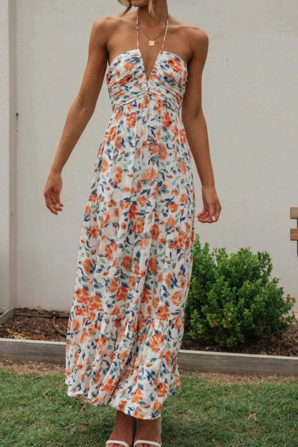 Floral Halter Neck Tiered Maxi Dress - Velora Luxury Fashion