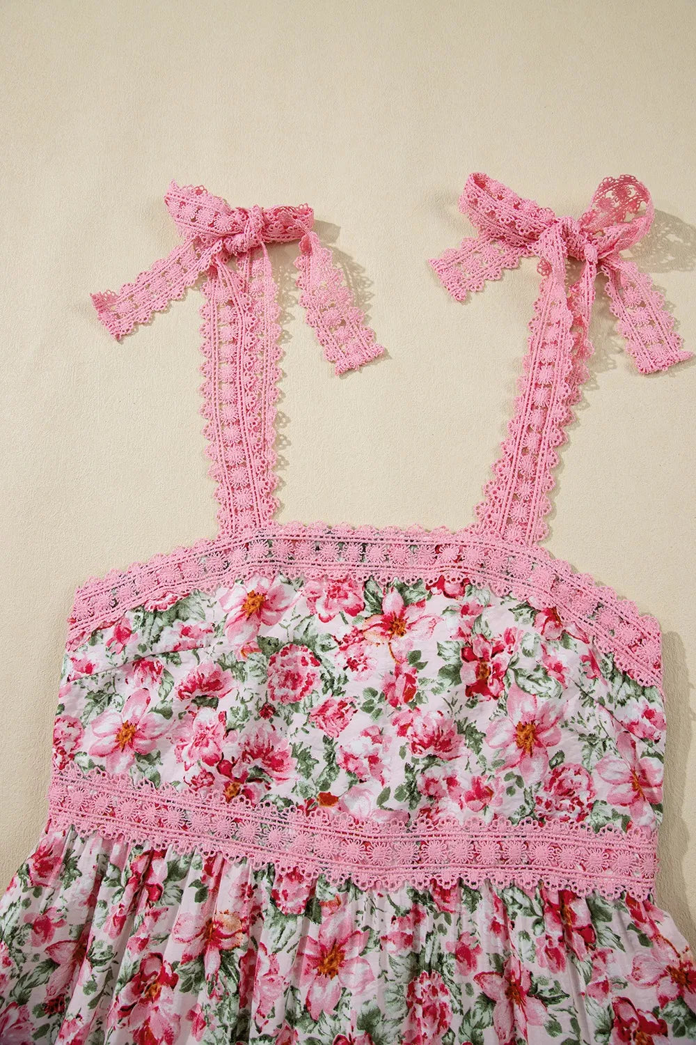 Floral Lace Tied Strap Square Neck Dress with Pockets - Velora Luxury Fashion