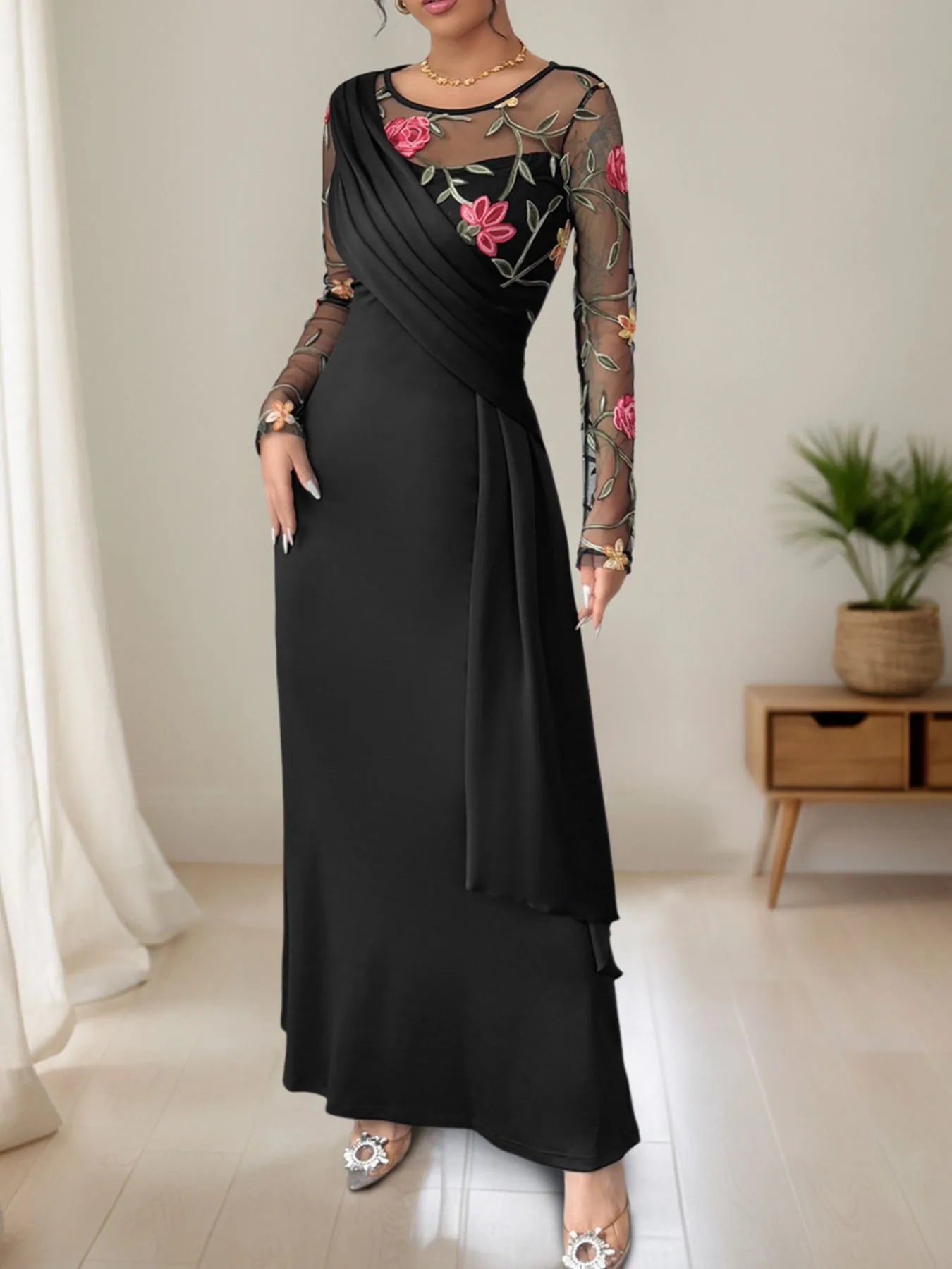 Floral Mesh Sleeve Ruched Maxi Dress - Velora Luxury Fashion
