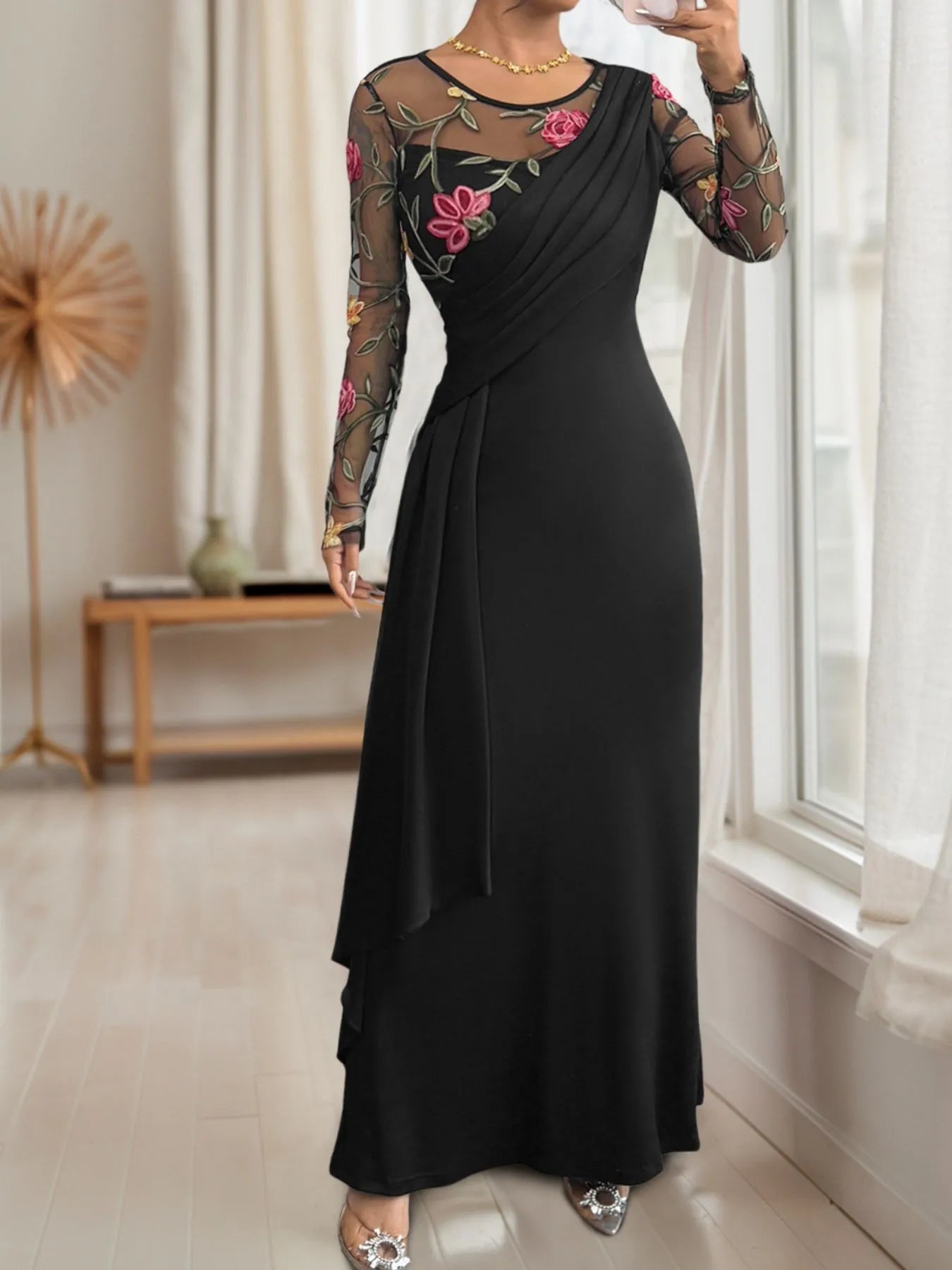 Floral Mesh Sleeve Ruched Maxi Dress - Velora Luxury Fashion