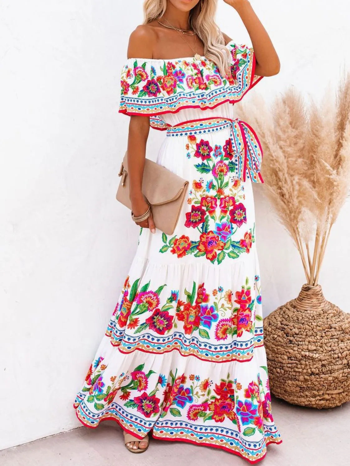 Floral Off Shoulder Ruffle Maxi Dress - Velora Luxury Fashion