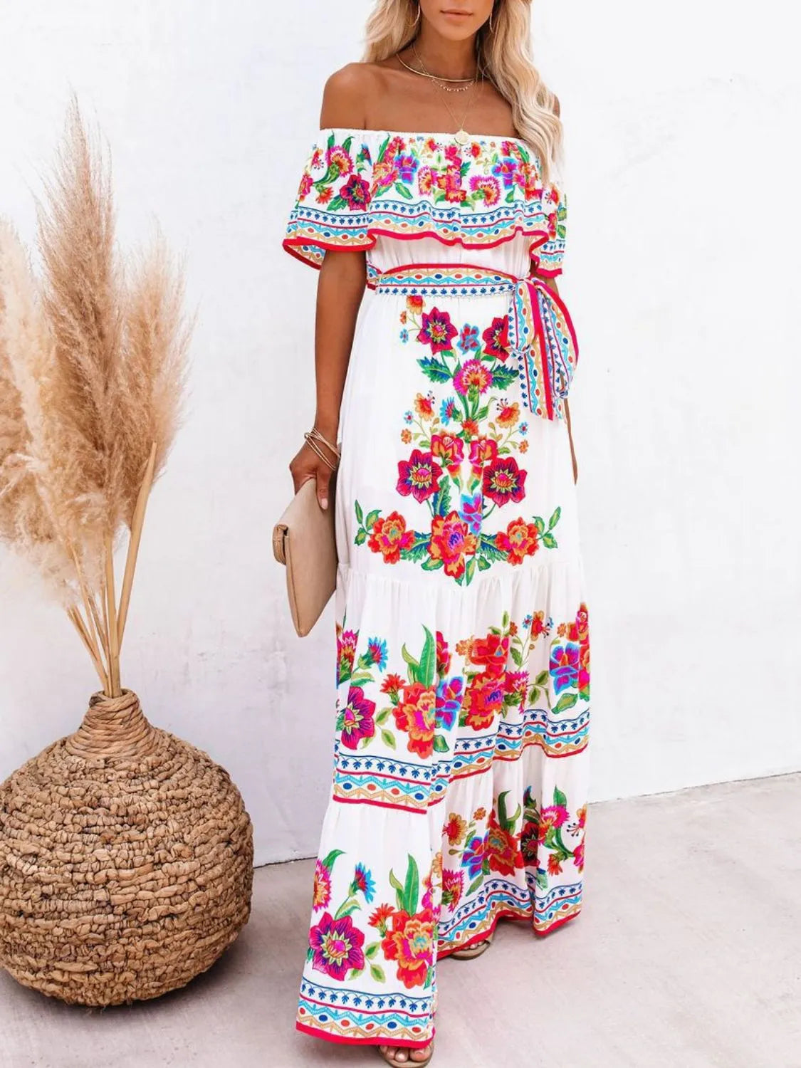 Floral Off Shoulder Ruffle Maxi Dress - Velora Luxury Fashion