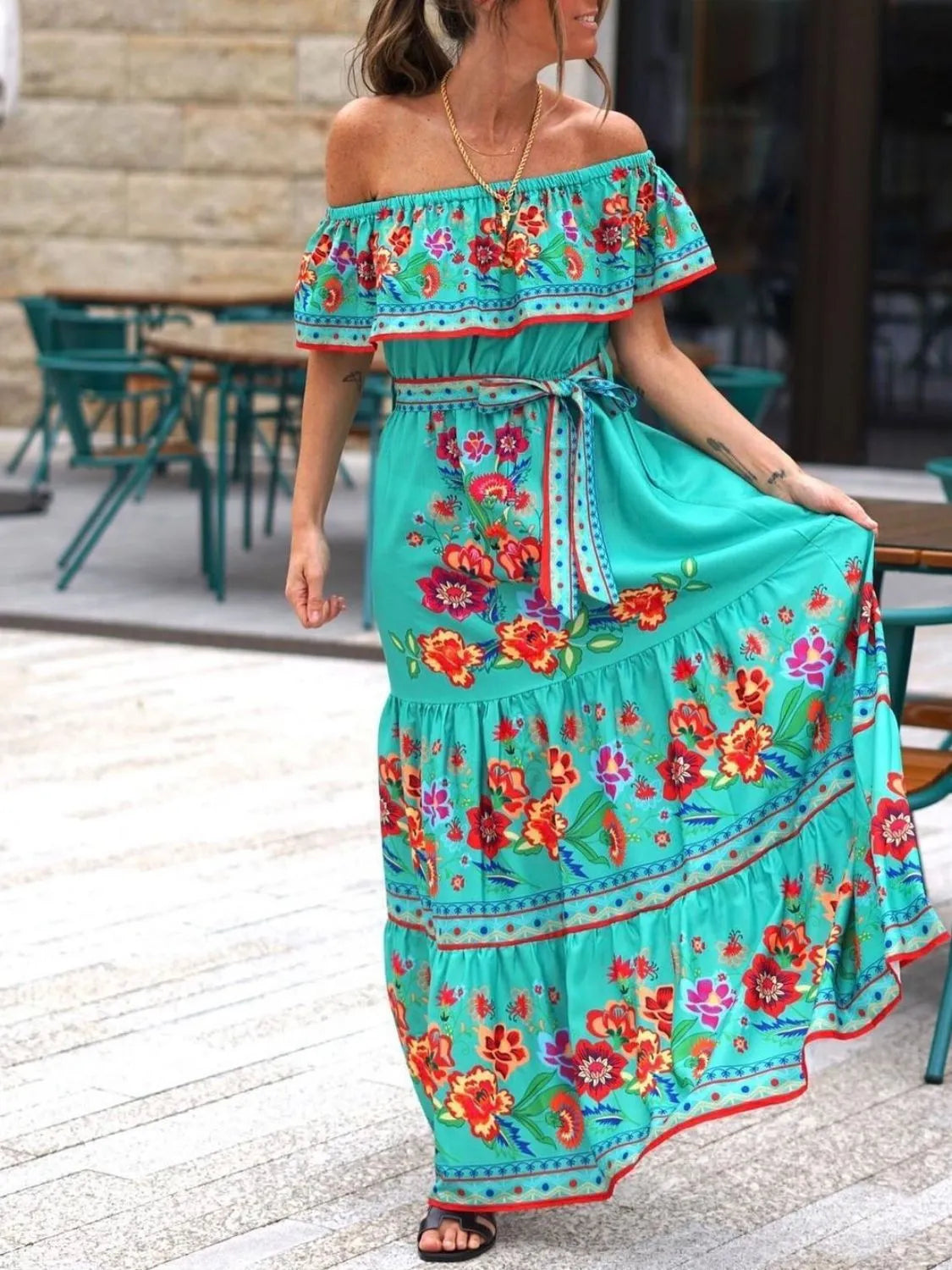Floral Off Shoulder Ruffle Maxi Dress - Velora Luxury Fashion