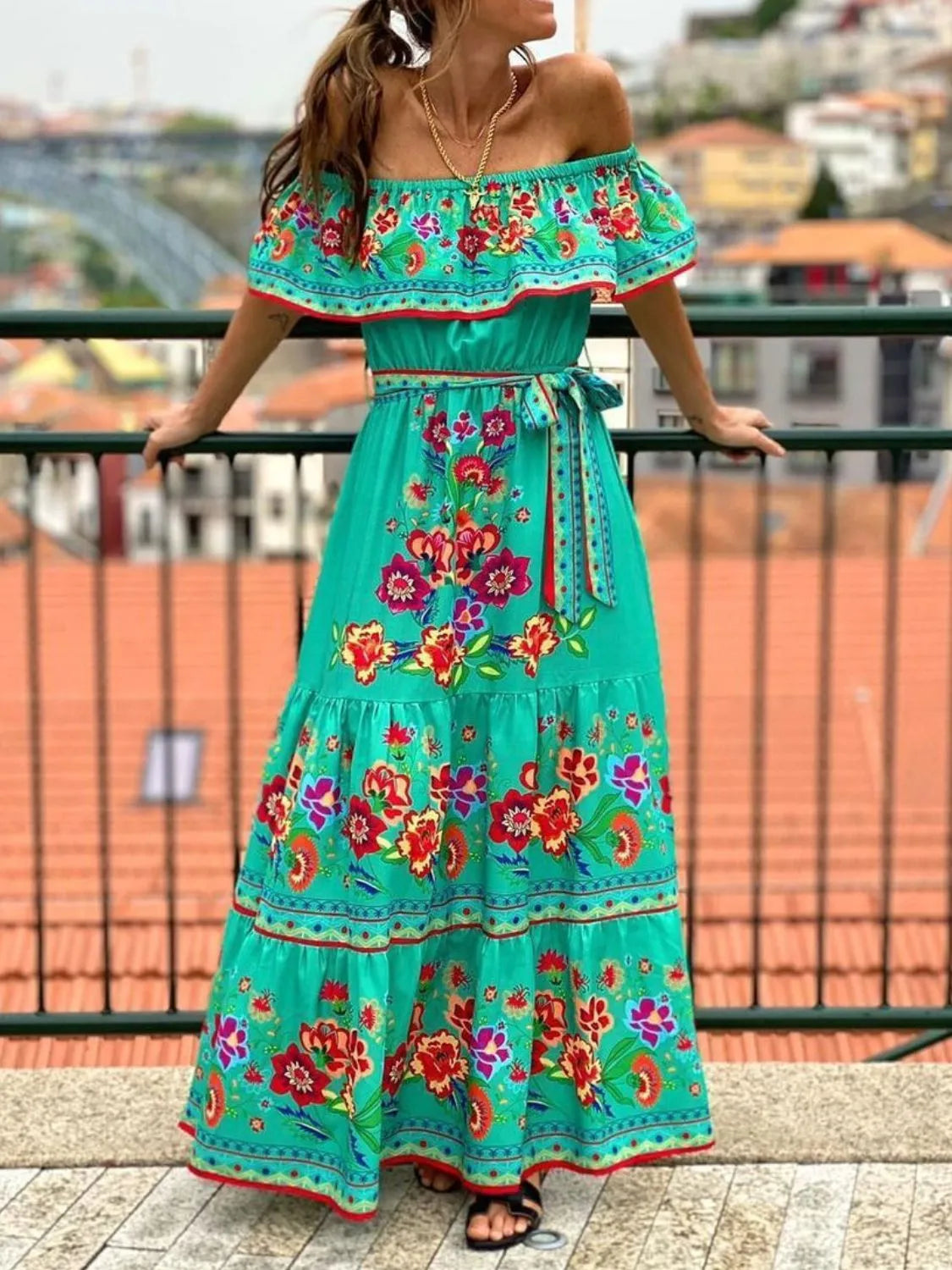 Floral Off Shoulder Ruffle Maxi Dress - Velora Luxury Fashion