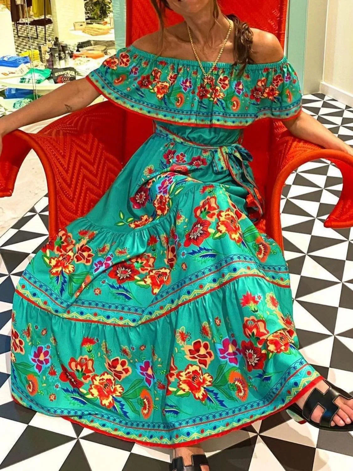 Floral Off Shoulder Ruffle Maxi Dress - Velora Luxury Fashion