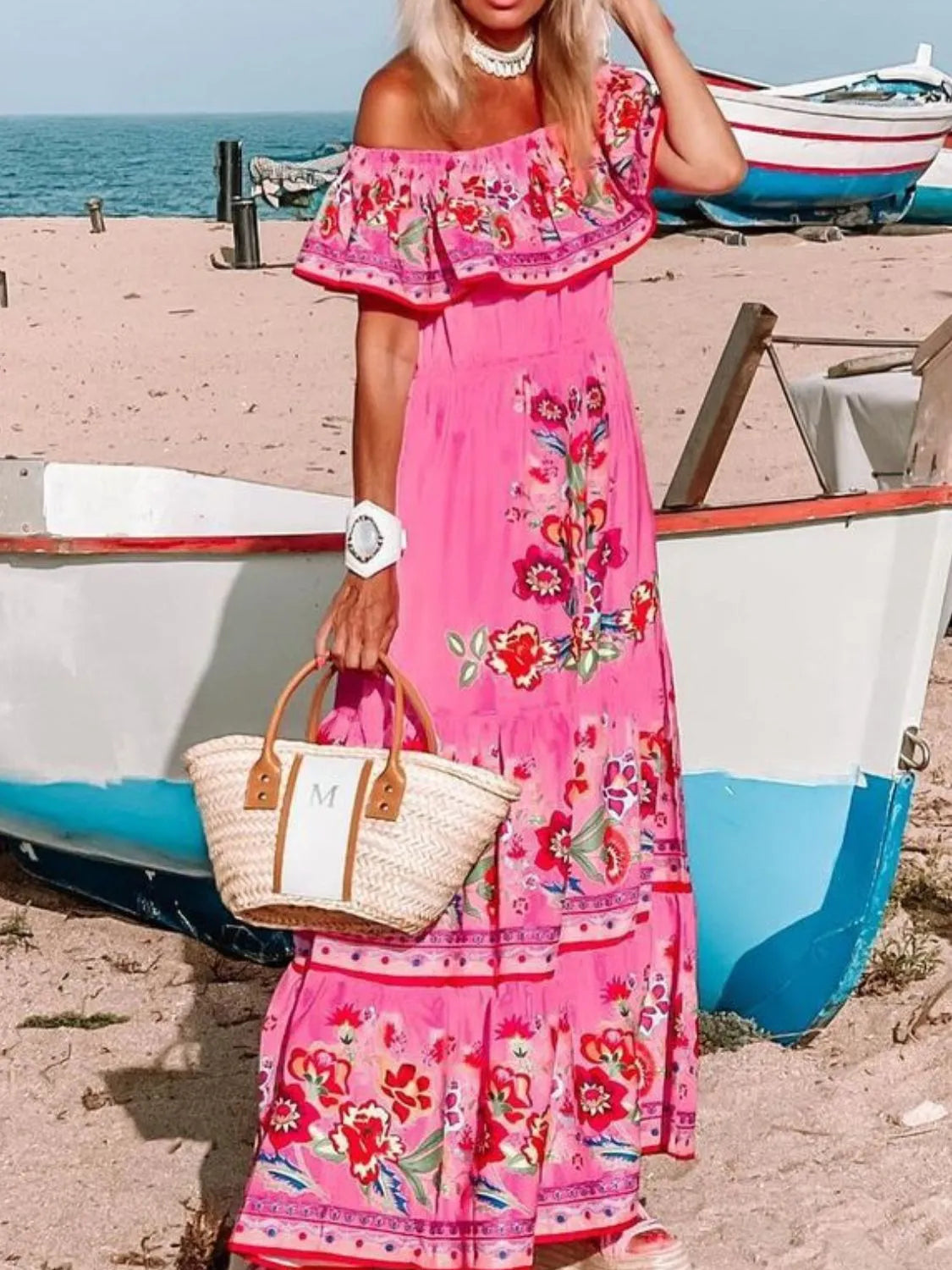 Floral Off Shoulder Ruffle Maxi Dress - Velora Luxury Fashion