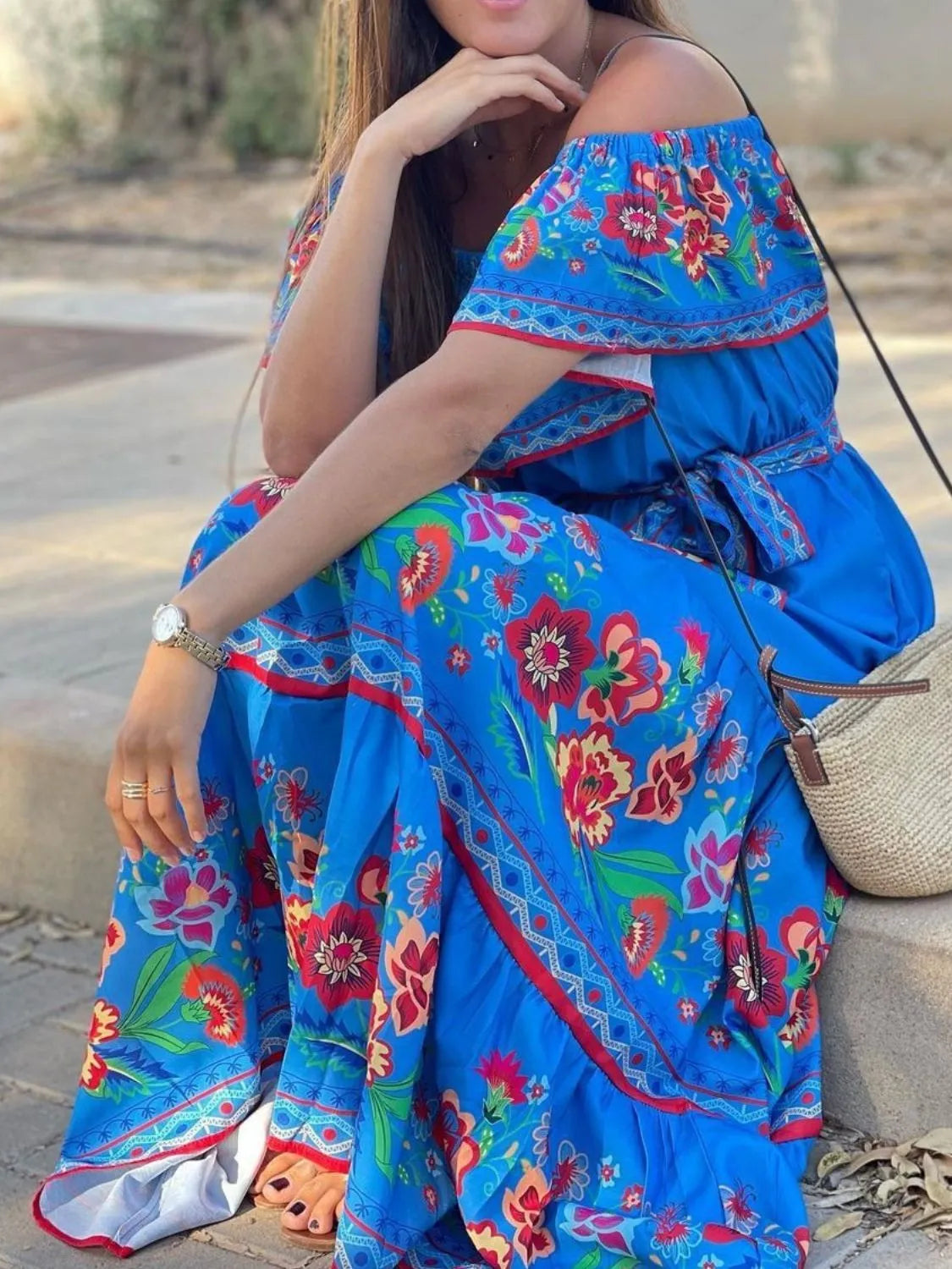 Floral Off Shoulder Ruffle Maxi Dress - Velora Luxury Fashion