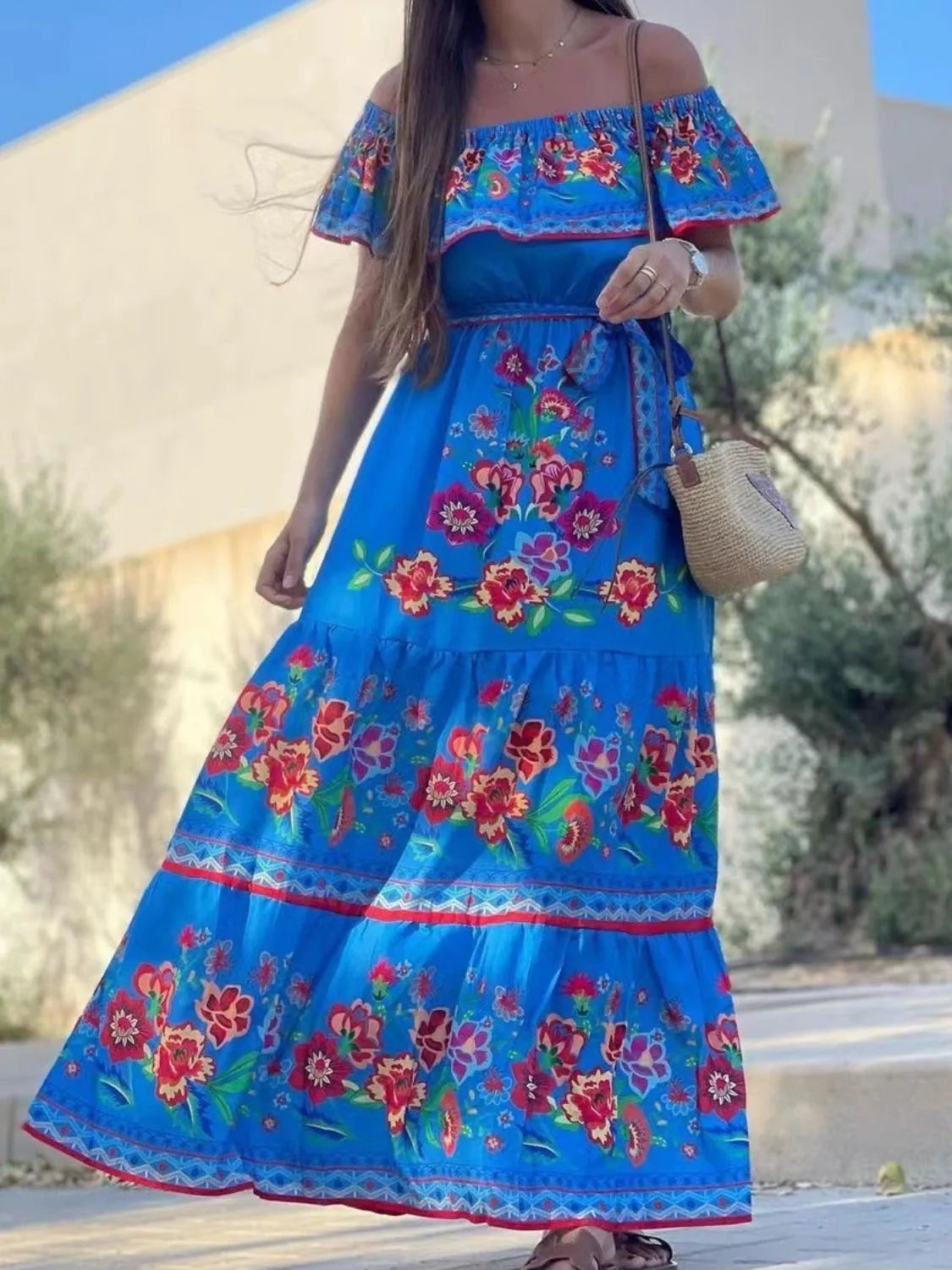 Floral Off Shoulder Ruffle Maxi Dress - Velora Luxury Fashion