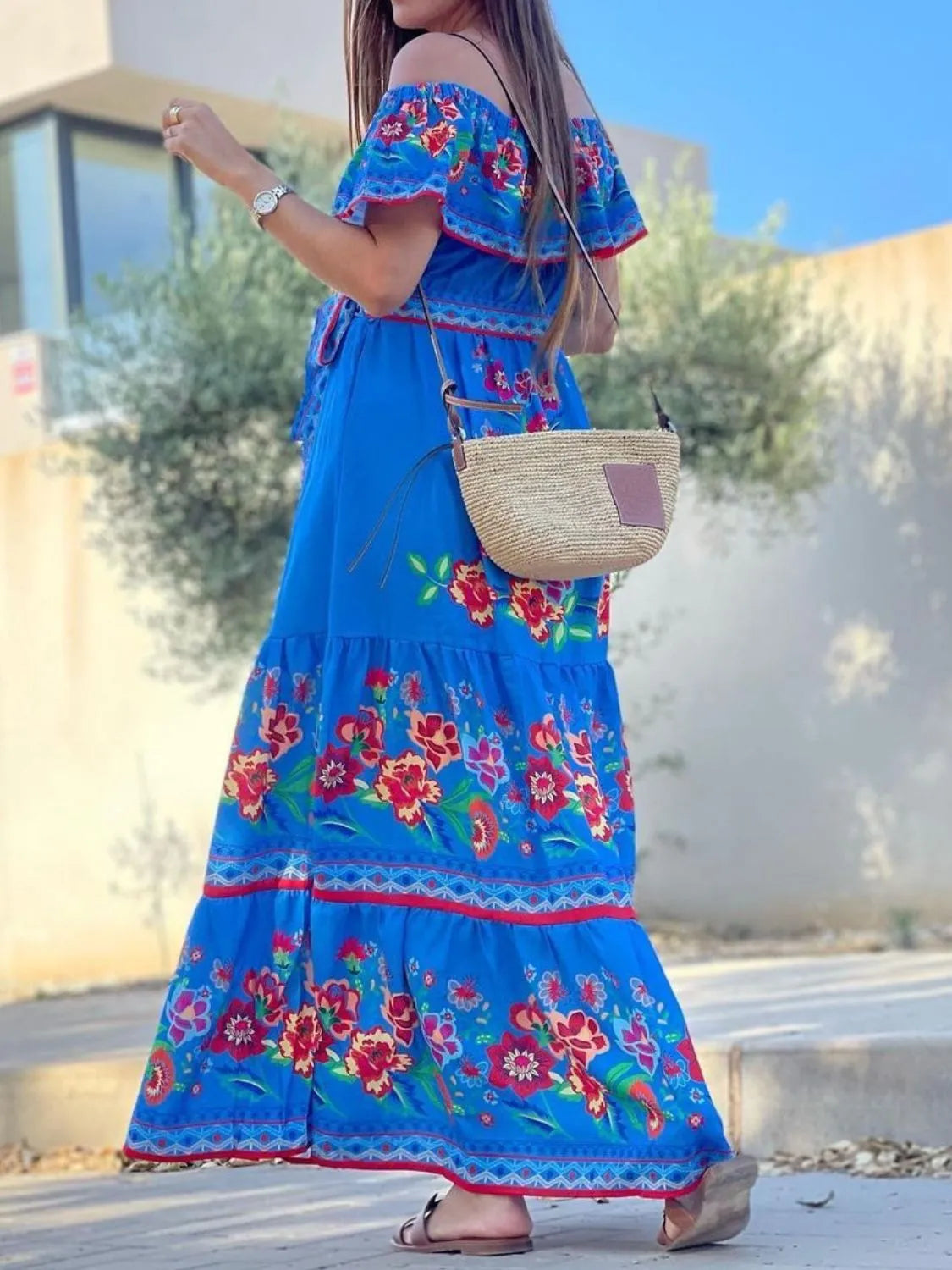 Floral Off Shoulder Ruffle Maxi Dress - Velora Luxury Fashion