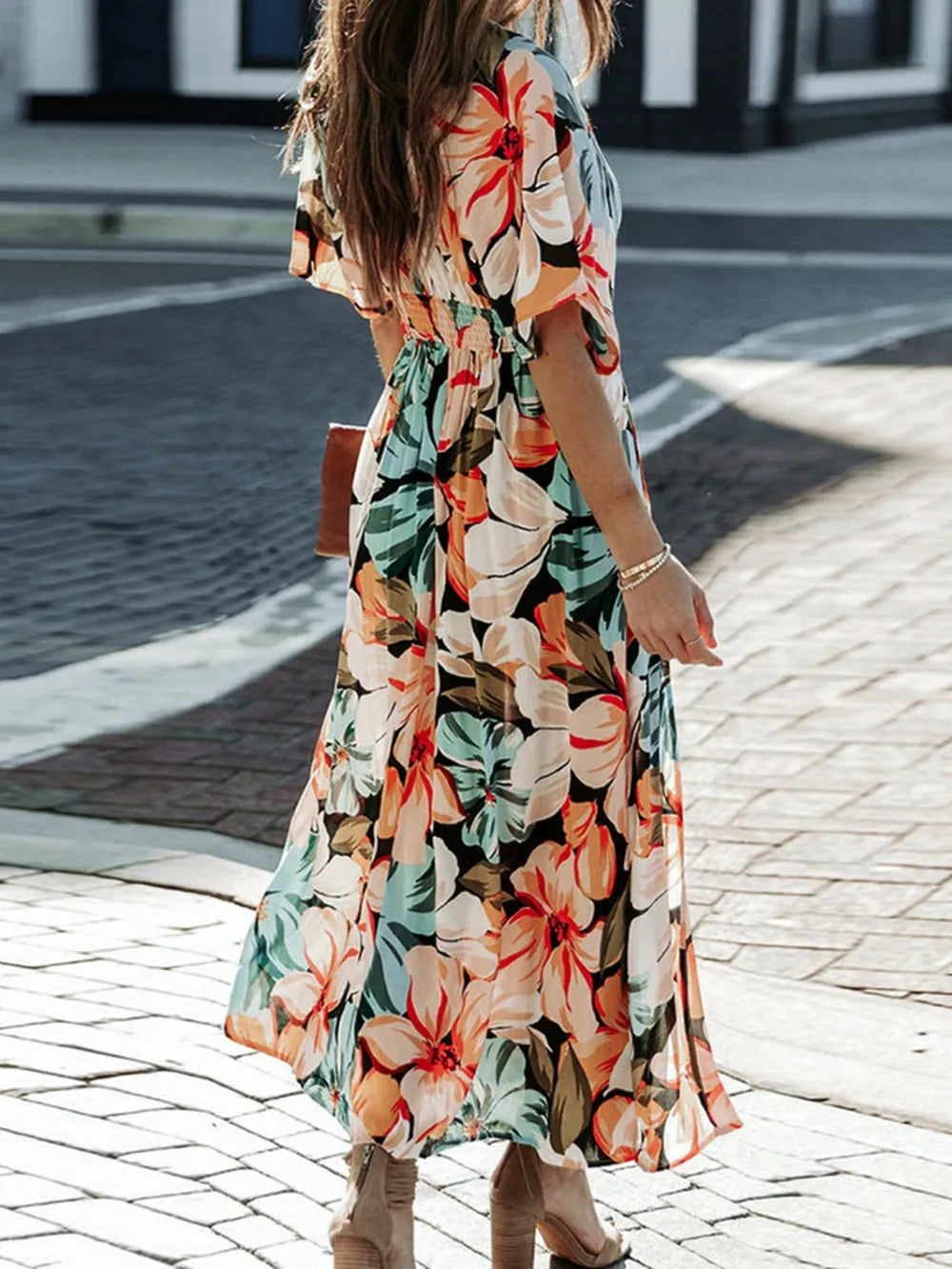 Floral Plunge Half Sleeve Dress - Velora Luxury Fashion