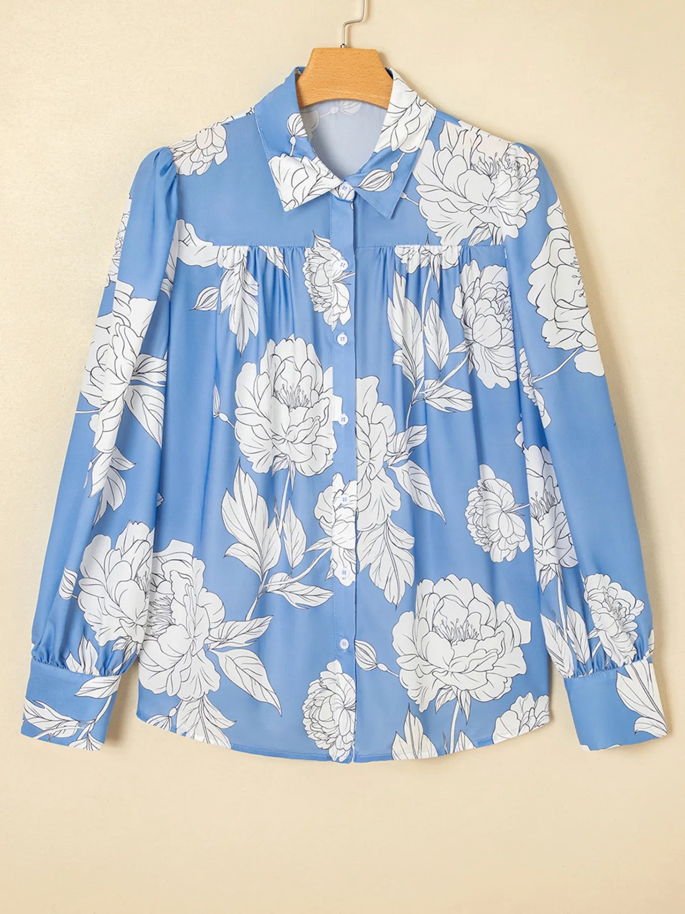 Floral Print Button Up Pleated Detail Puff Sleeve Shirt - Velora Luxury Fashion