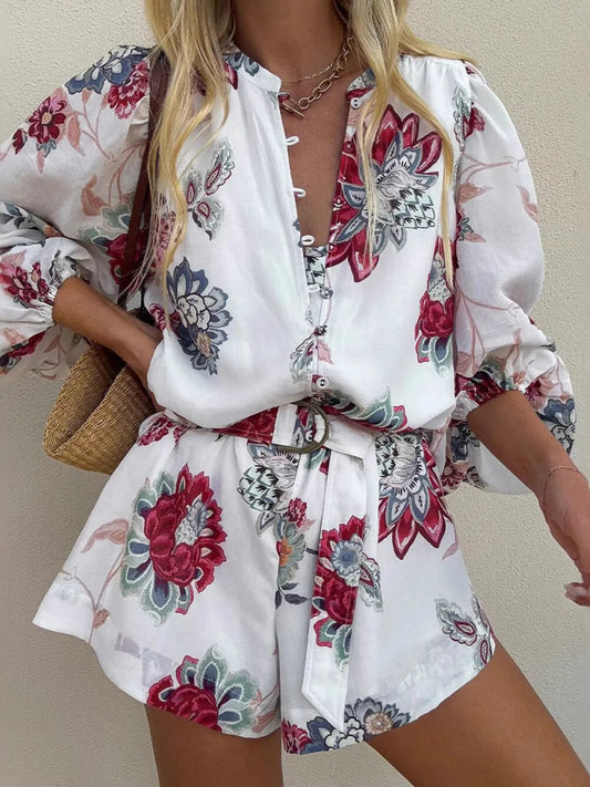 Floral Print Long Sleeve Romper - Velora Luxury Fashion