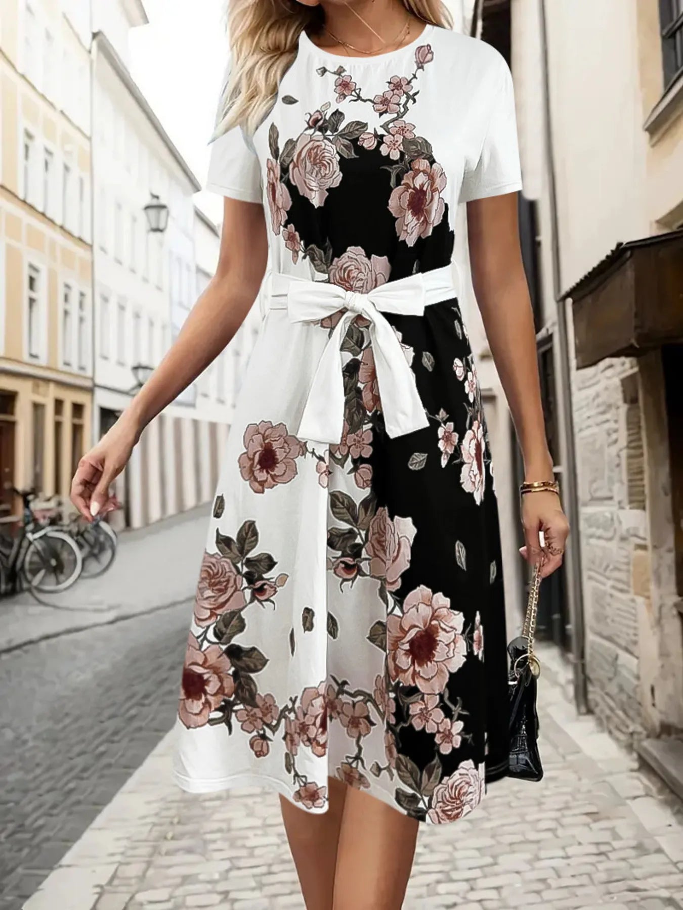 Floral Print Midi Dress with Short Sleeves - Velora Luxury Fashion