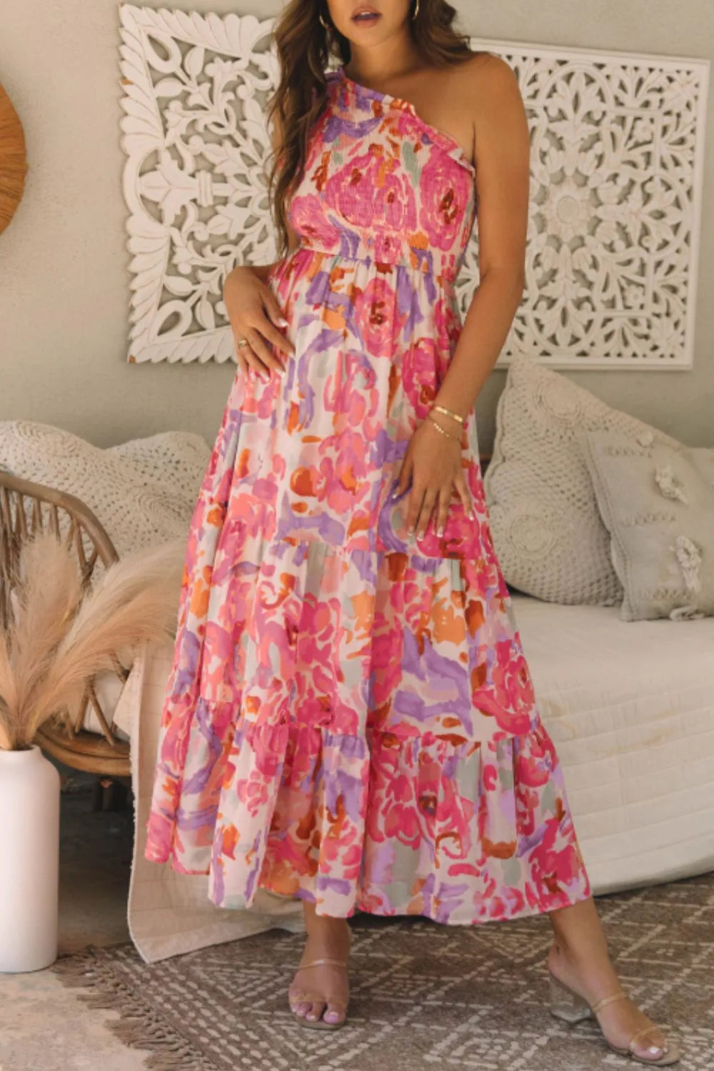 Floral Print Shirred One Shoulder Maxi Dress - Velora Luxury Fashion