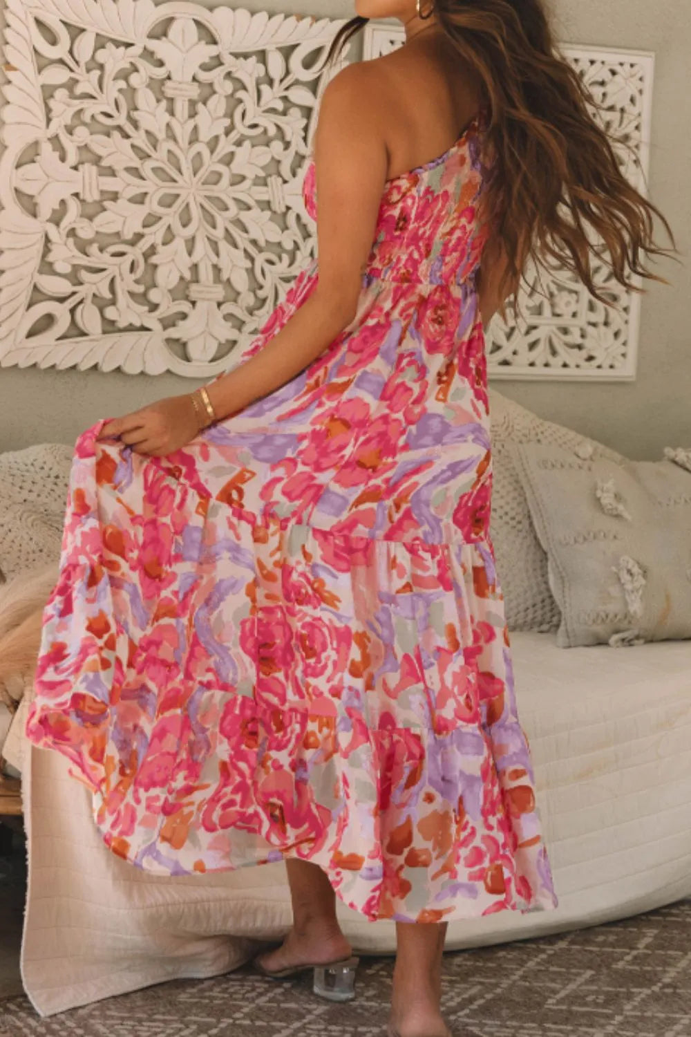 Floral Print Shirred One Shoulder Maxi Dress - Velora Luxury Fashion