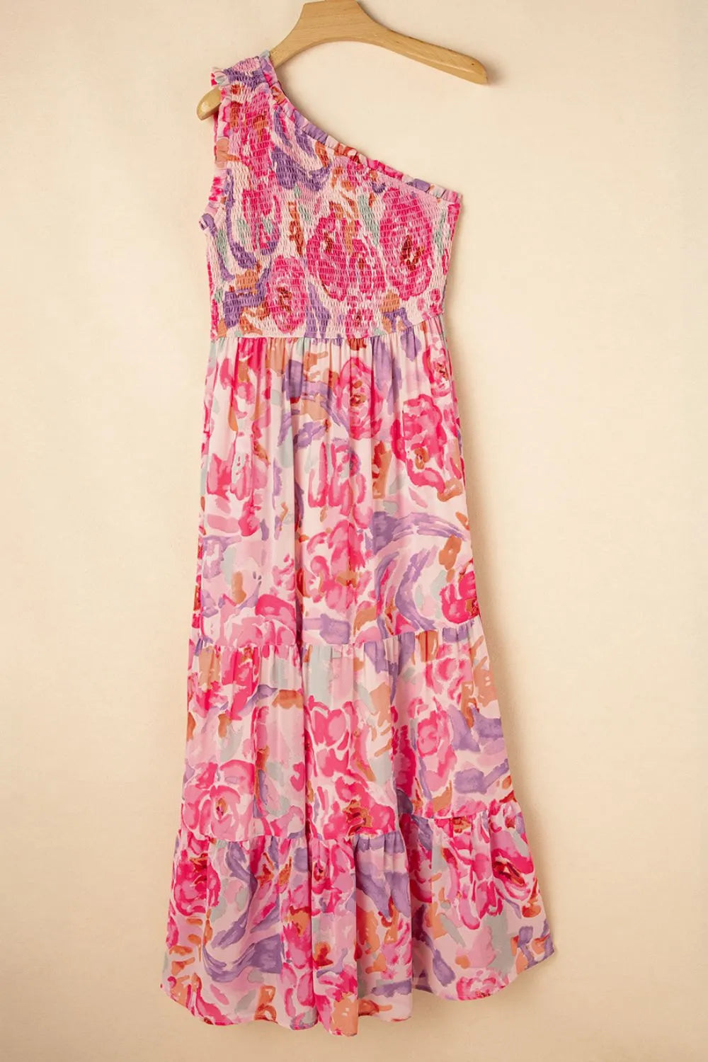 Floral Print Shirred One Shoulder Maxi Dress - Velora Luxury Fashion