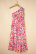 Floral Print Shirred One Shoulder Maxi Dress - Velora Luxury Fashion