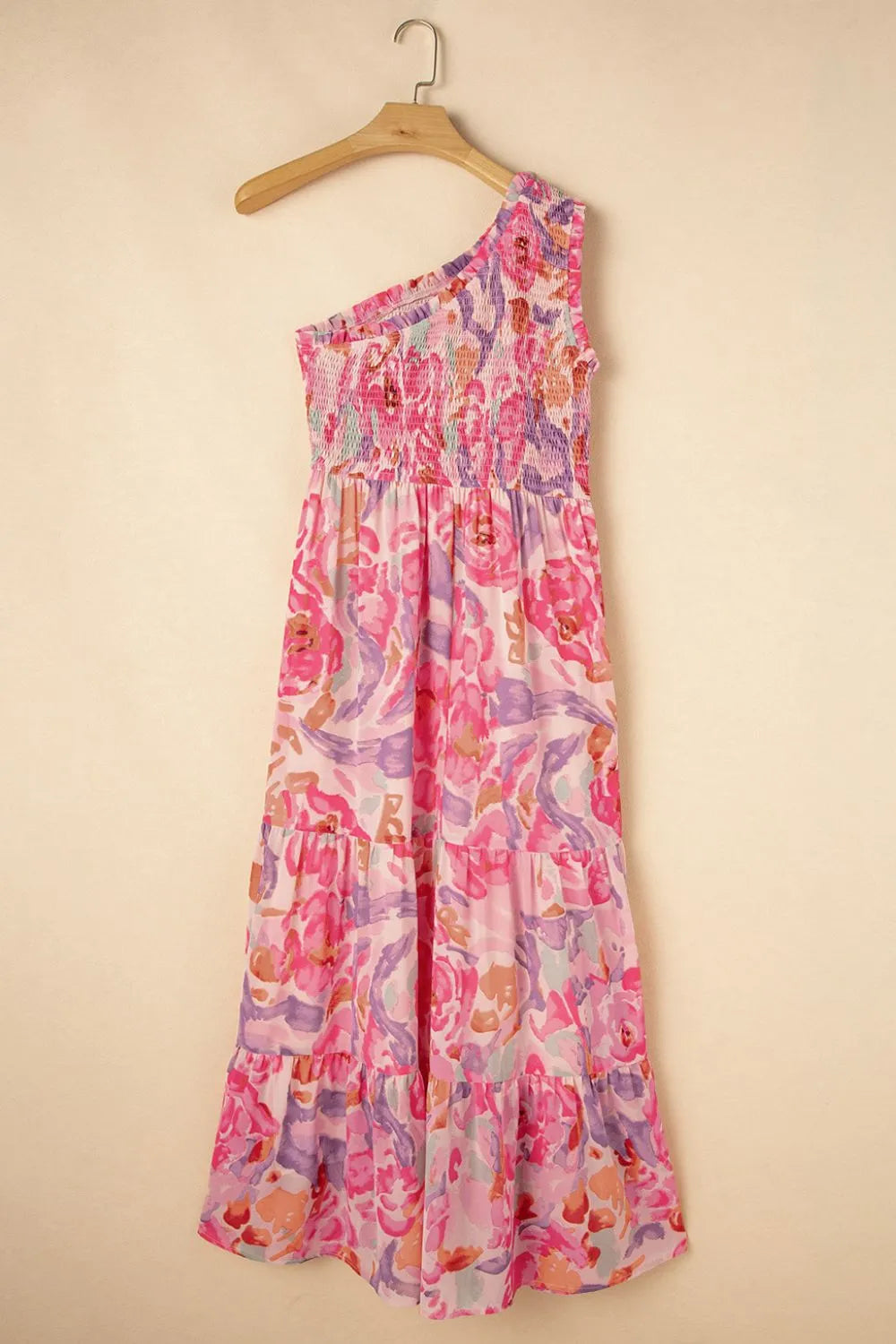 Floral Print Shirred One Shoulder Maxi Dress - Velora Luxury Fashion