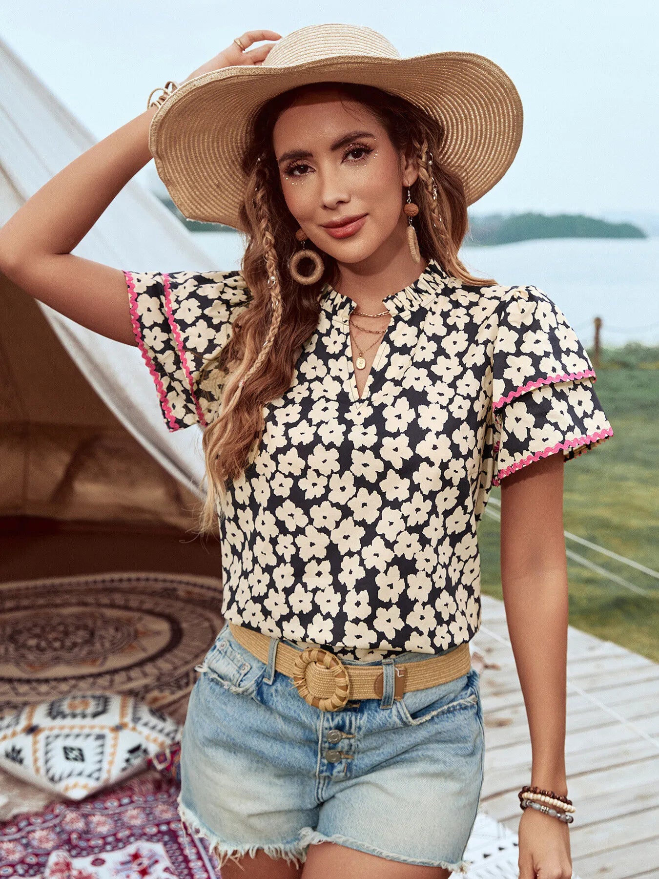 Floral Print Short Sleeve Blouse with Contrast Trim - Velora Luxury Fashion