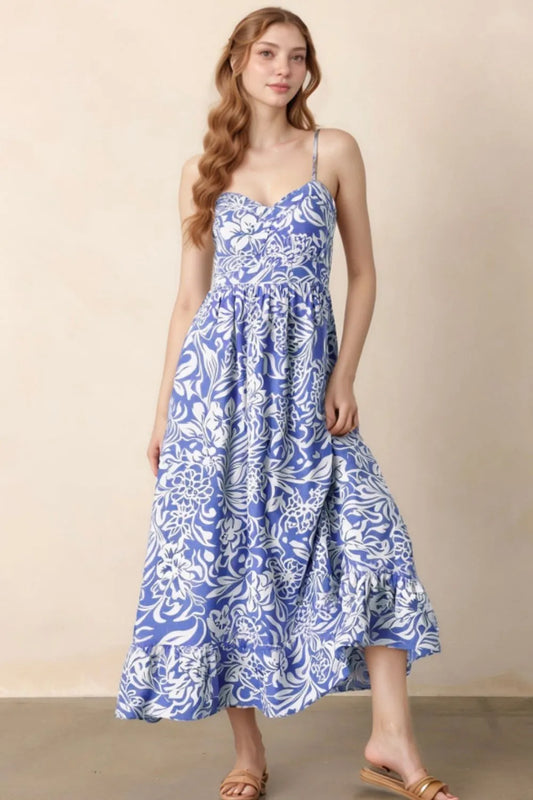 Floral Print Spaghetti Strap High Waist Dress - Velora