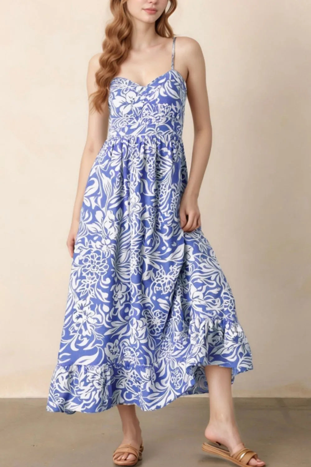 Floral Print Spaghetti Strap High Waist Dress - Velora