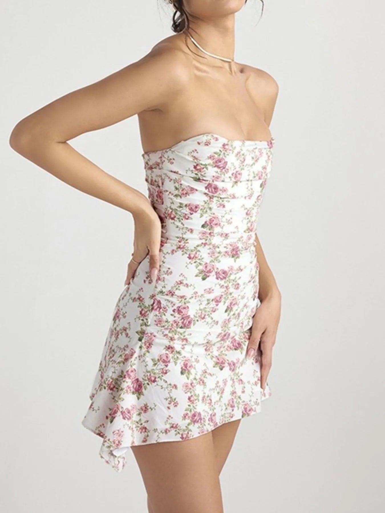 Floral Print Strapless Mini Dress - Velora Luxury Fashion
