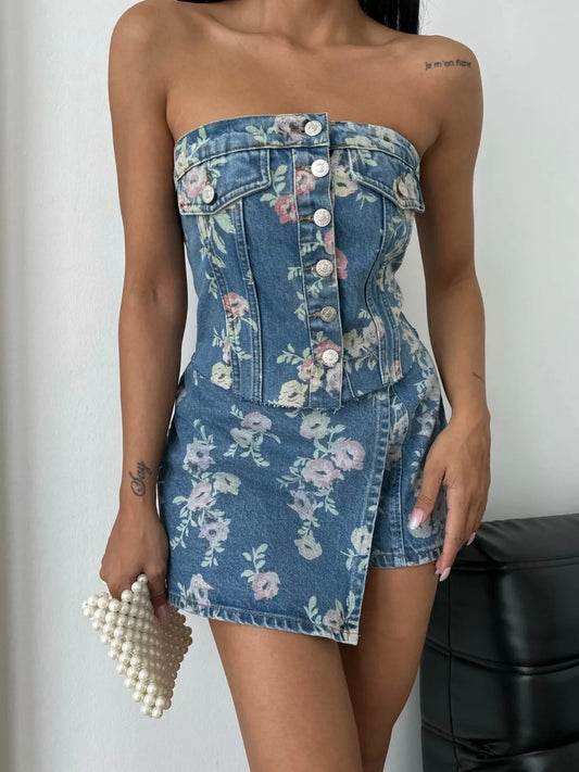 Floral Print Strapless Top and Skort Denim Set - Velora Luxury Fashion