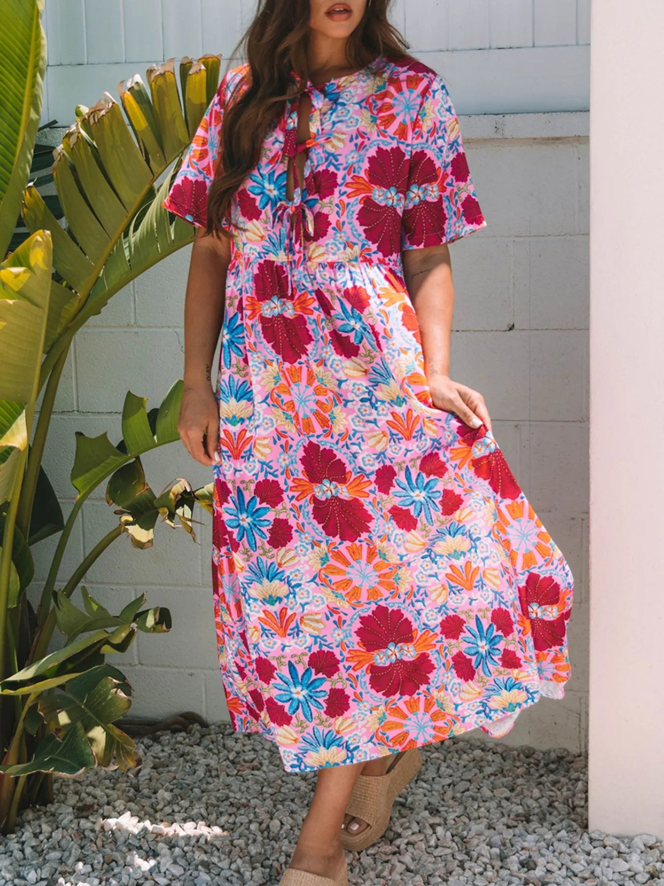 Floral Print Tie Front Midi Dress - Velora Luxury Fashion