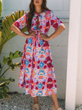 Floral Print Tie Front Midi Dress - Velora Luxury Fashion