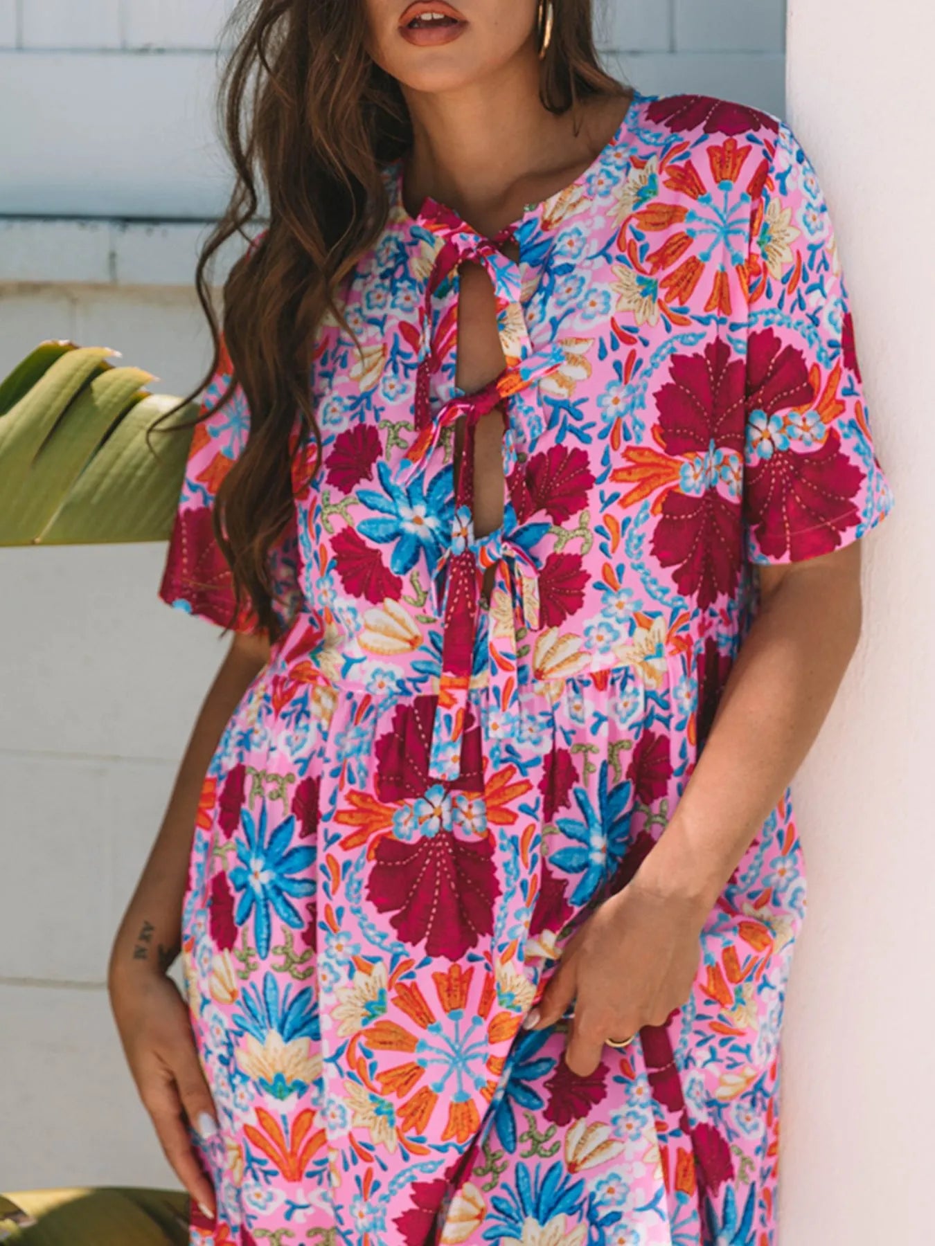 Floral Print Tie Front Midi Dress - Velora Luxury Fashion