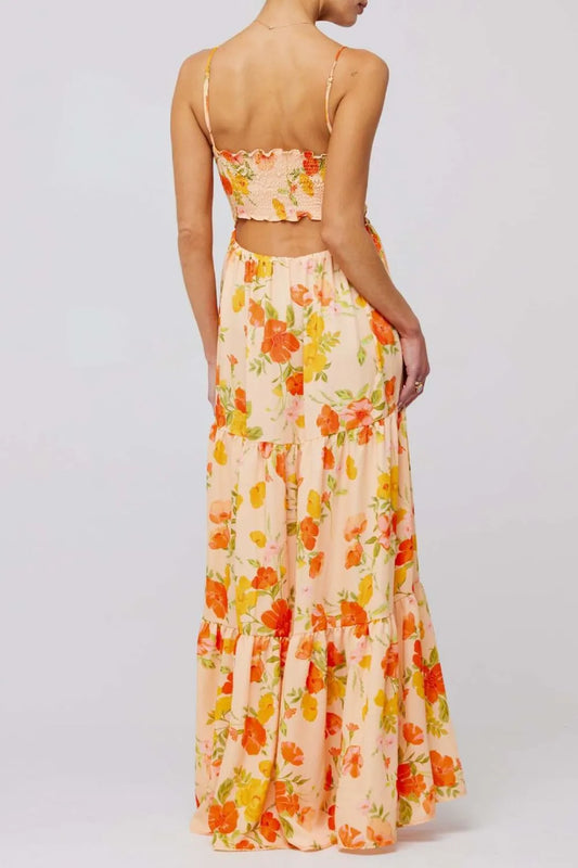 Floral Print Tie Front Tiered Maxi Dress - Velora Luxury Fashion
