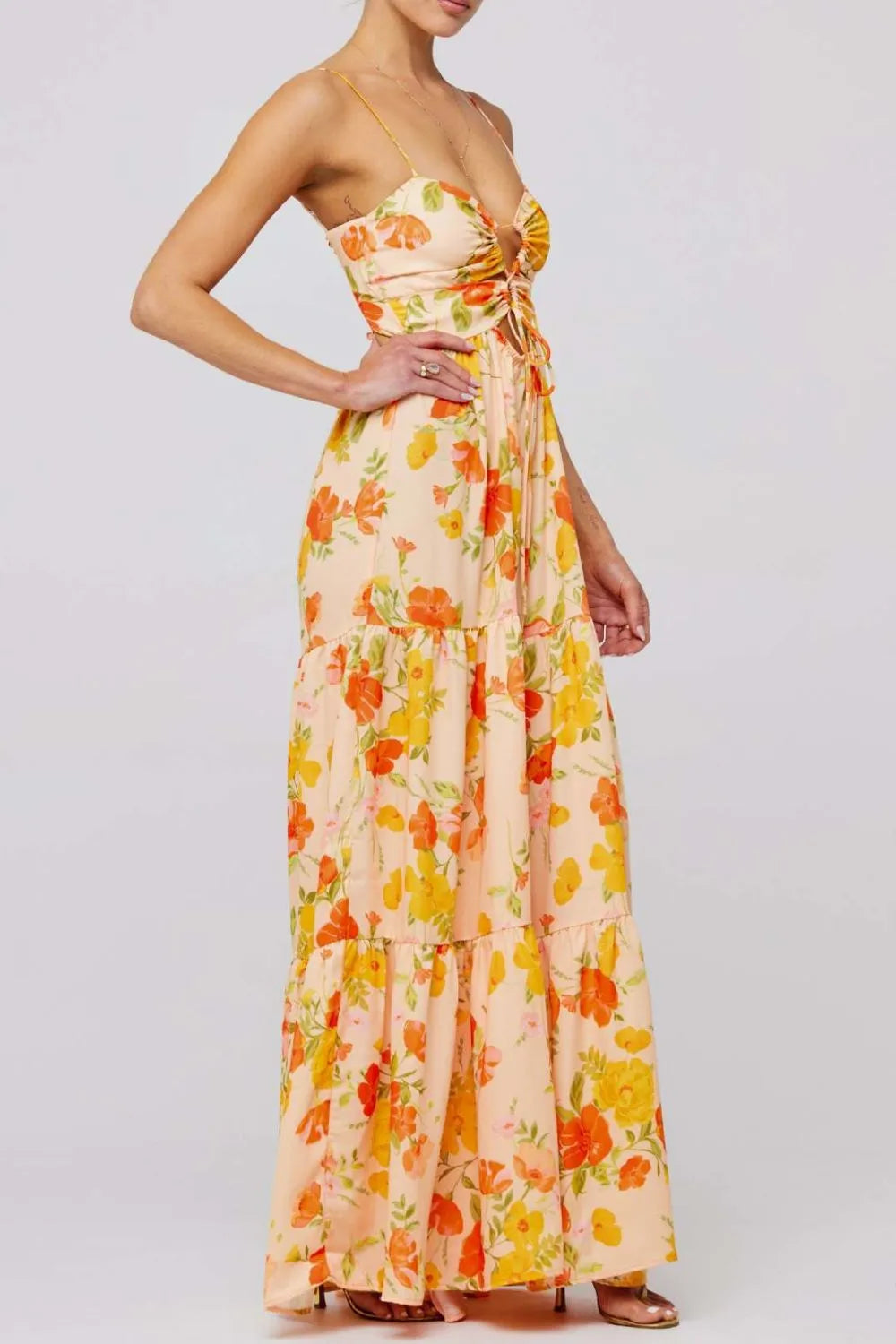 Floral Print Tie Front Tiered Maxi Dress - Velora Luxury Fashion