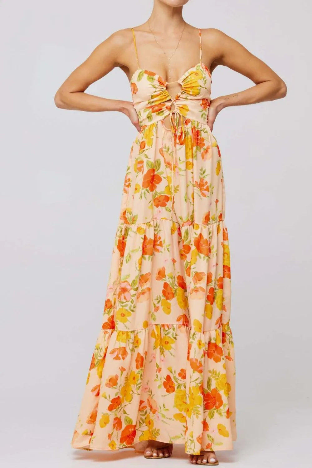 Floral Print Tie Front Tiered Maxi Dress - Velora Luxury Fashion